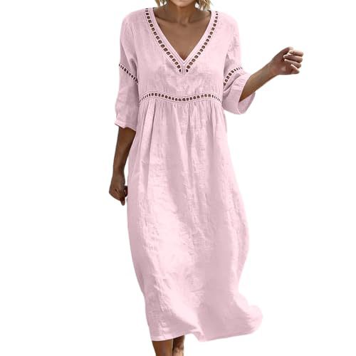 Women's Floral Print Ruched Midi Dress with Deep V-Neck and Five-Quarter Sleeves