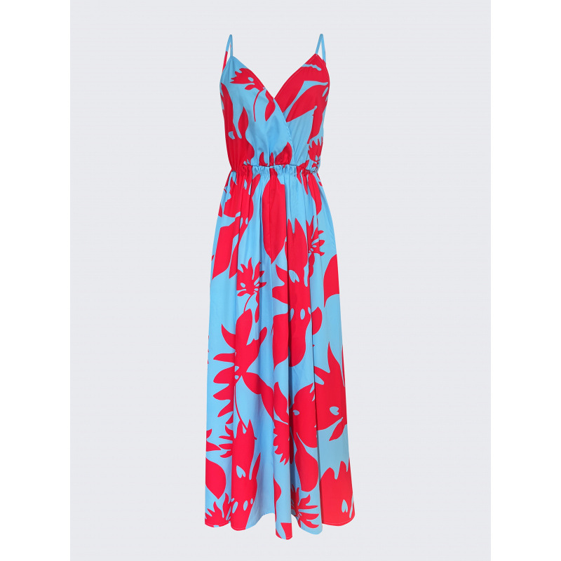 Deep V French Style High Waist Midi Dress