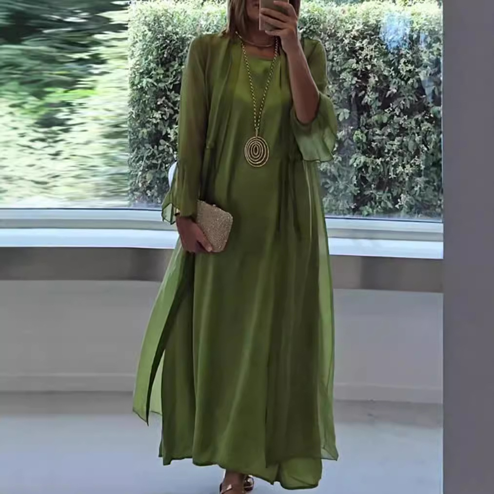 Elegant Solid Color Long Sleeve Dress Set for Women