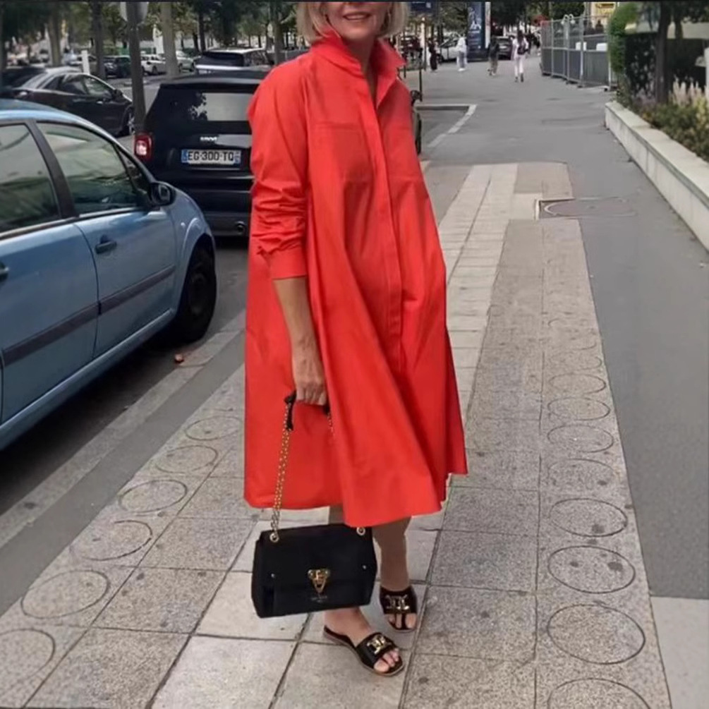 Women's Casual Solid Color Long Sleeve Shirt Dress