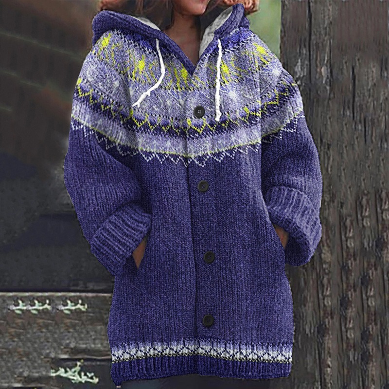 Women's Floral Leaf Print Hooded Button Cardigan Sweater