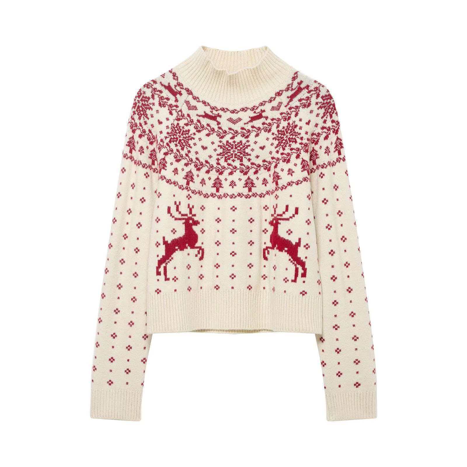 Red Reindeer Snowflake Jacquard Mock Neck Knit Sweater