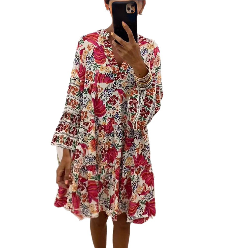 Women's Floral Print V-Neck Long Sleeve Loose Casual Midi Dress