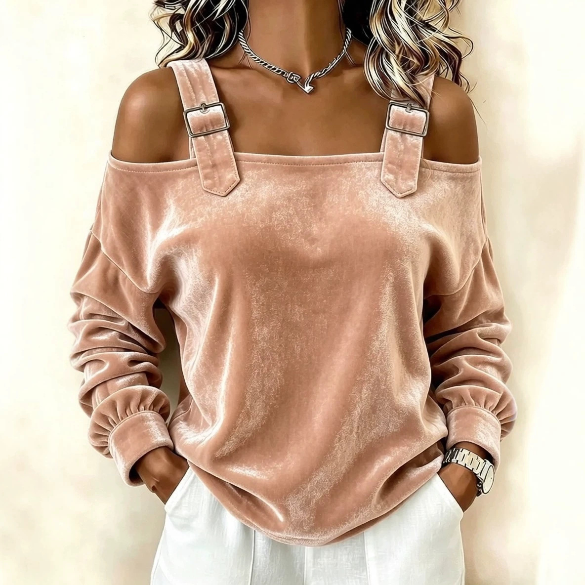Off-Shoulder One-Line Neck Long-Sleeve Knit Top