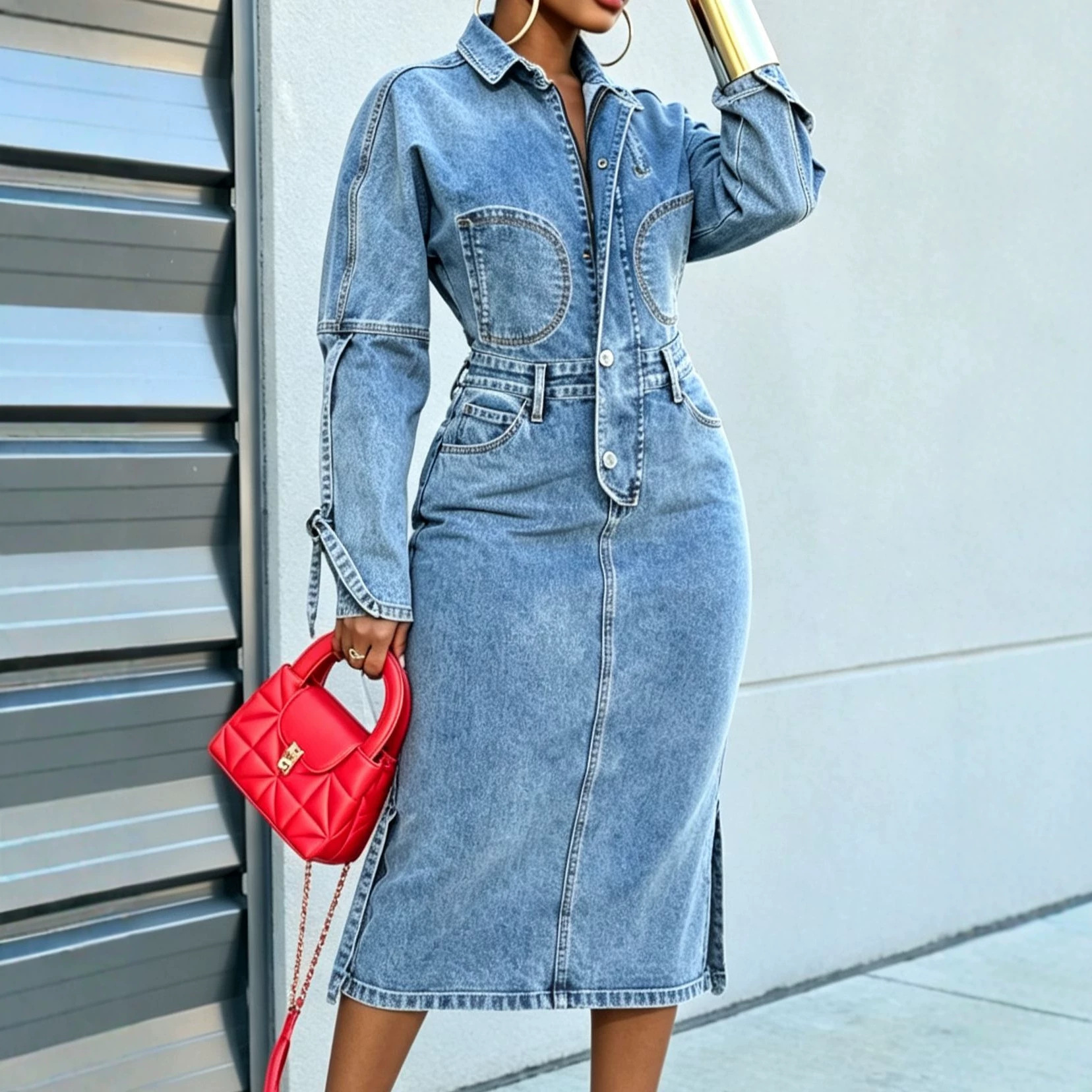 Women's Loose Denim Maxi Dress High Waist A-Line Polo Neck Long Sleeve