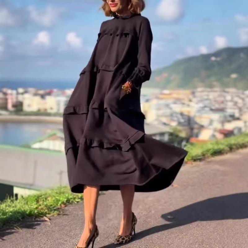 Women's Long Sleeve Ruffle Round Neck Dress