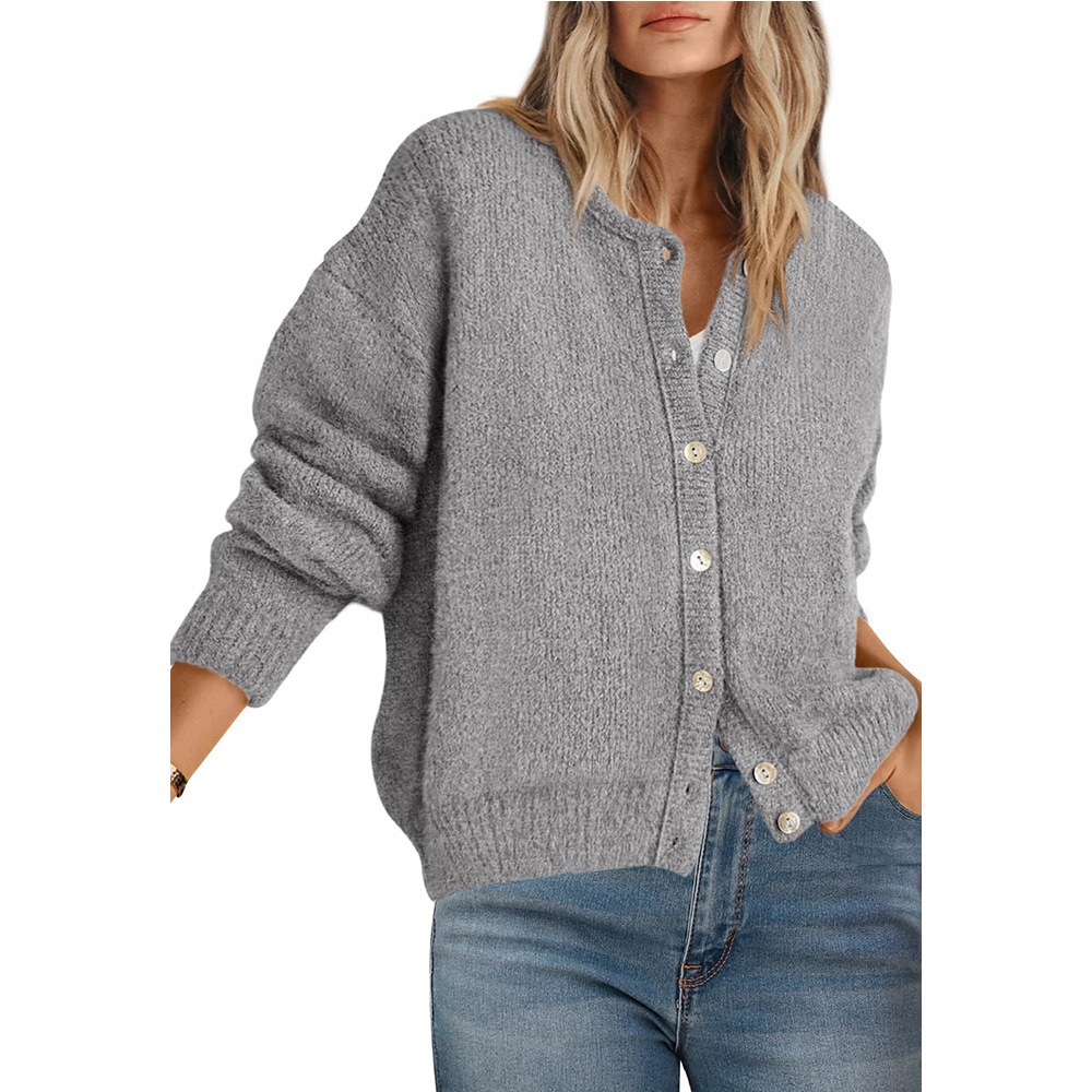 Women's Loose Button-Up Knit Cardigan Solid Color Long Sleeve Sweater Coat