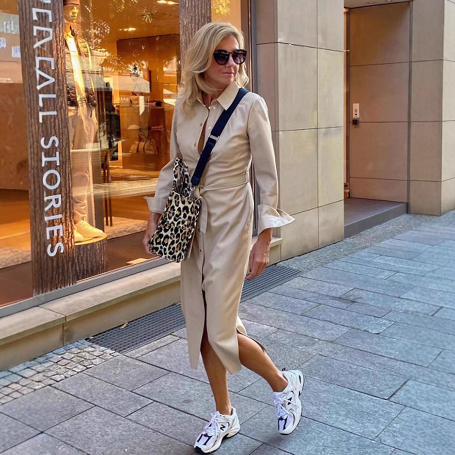 Women's Solid Longline Trench Coat with Polo Collar, Khaki