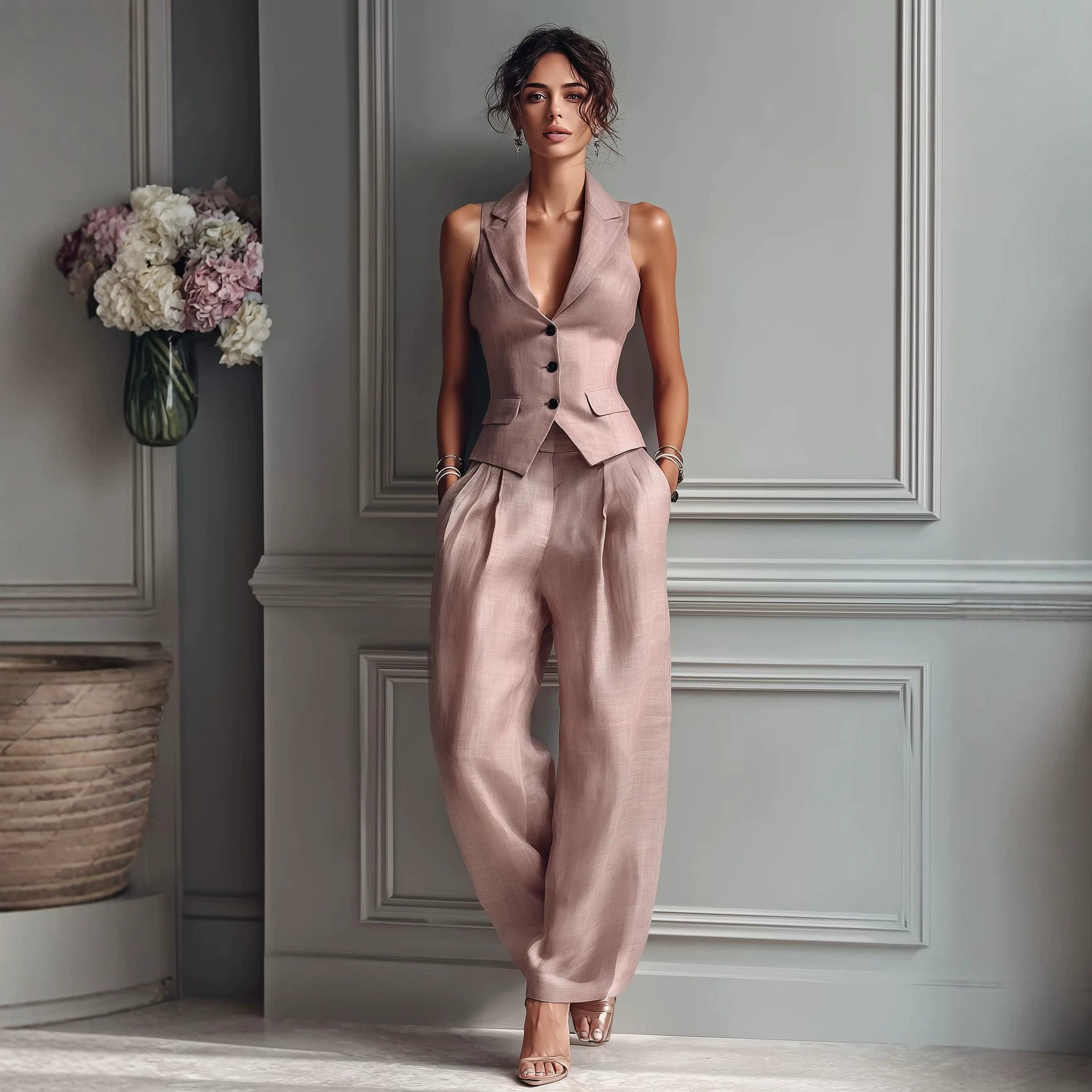 Women's Lapel Single-Breasted Vest & Pants Two-Piece Set