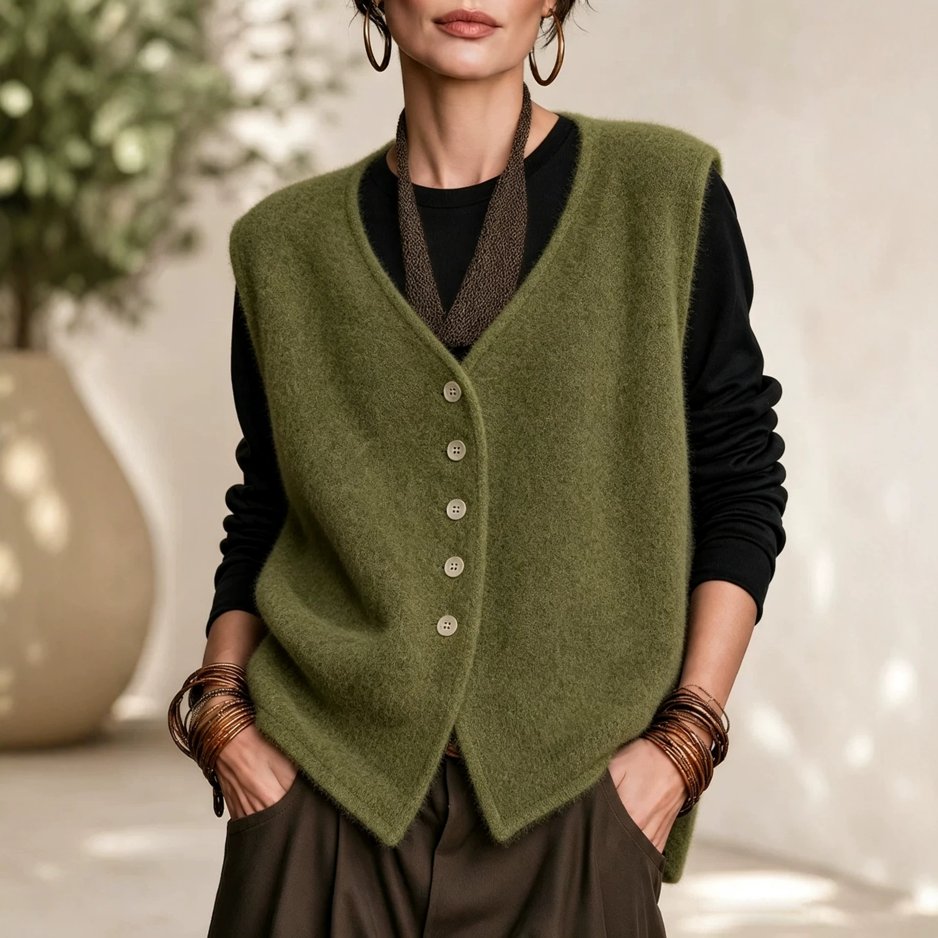 V-Neck Single-Breasted Loose Sleeveless Fleece Knit Vest