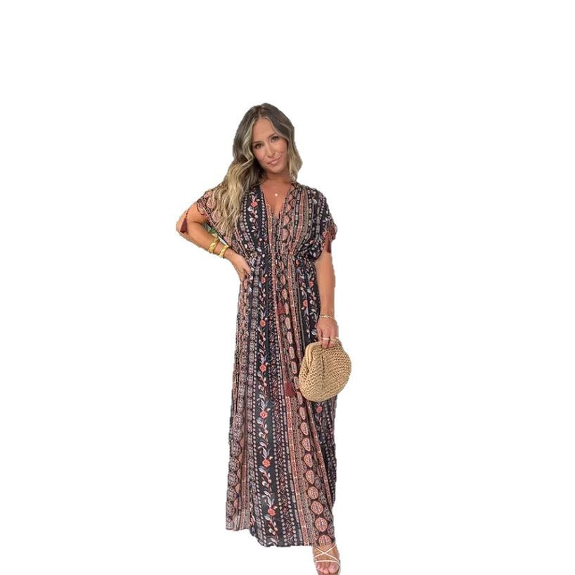 Women's V-Neck Floral Print Midi Dress Short Sleeve