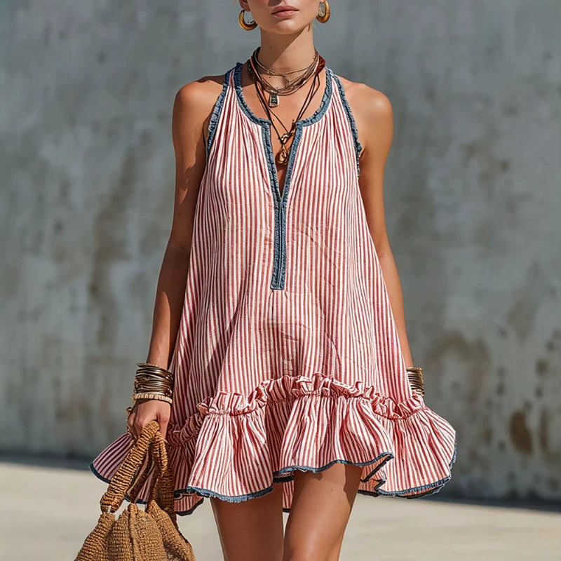 Red and White Striped Sleeveless Mini Dress