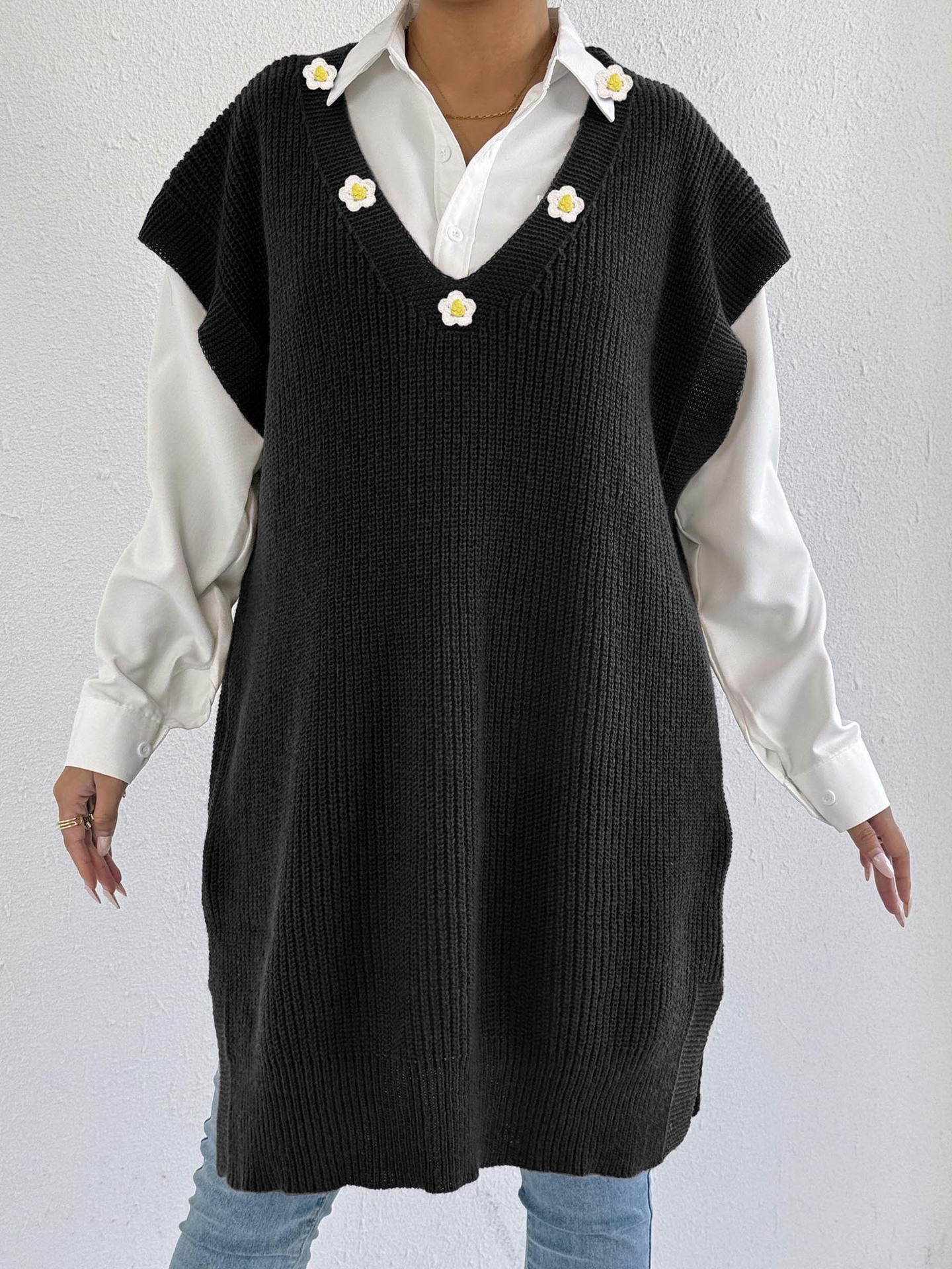 Hand-Crochet Flower Patchwork Sweater Vest Dress Deep V Loose Fit