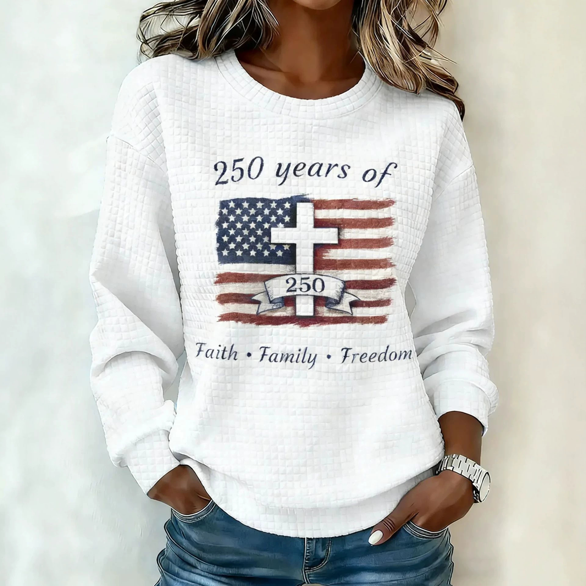 Cross Print Waffle Knit Women's Sweatshirt