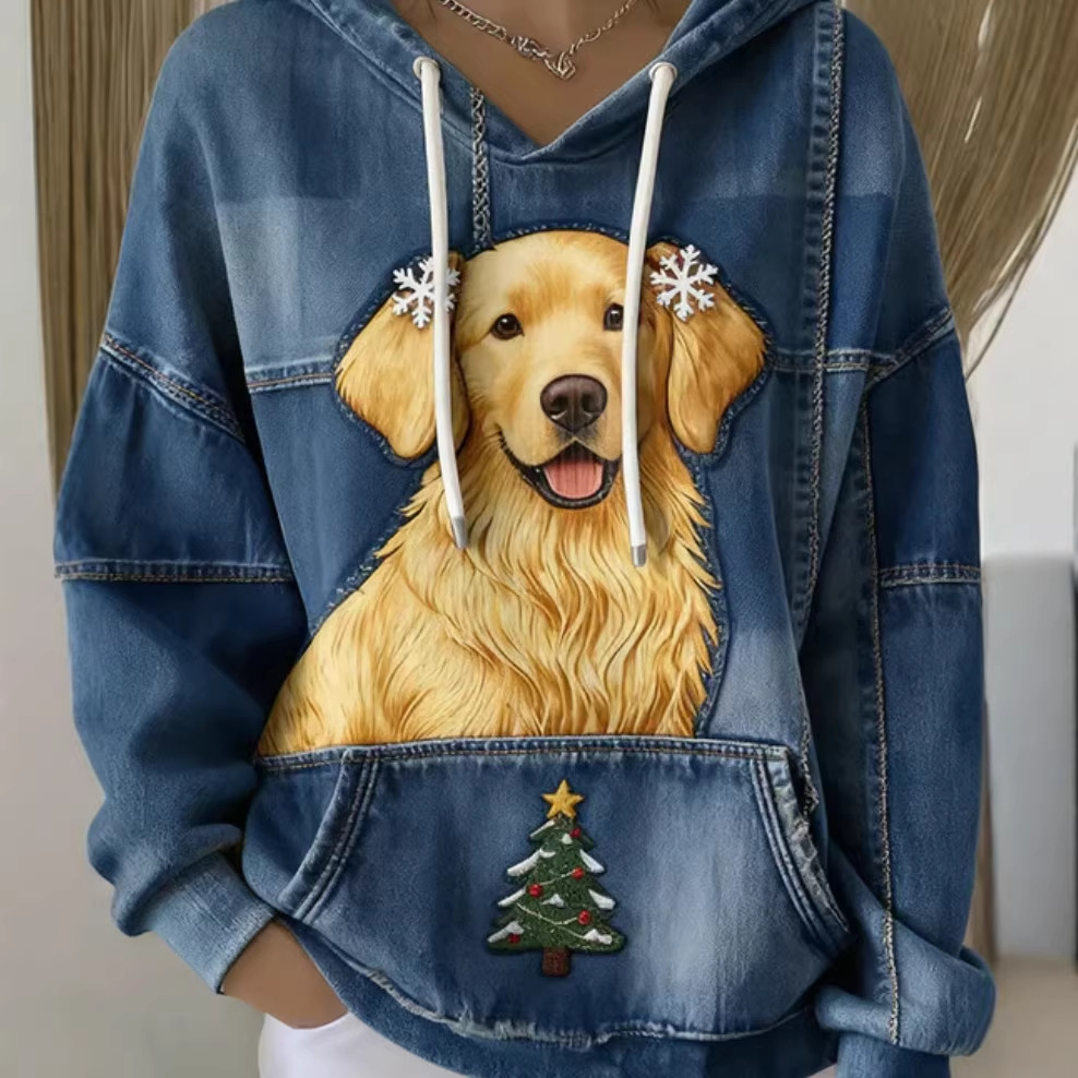 Women's Christmas Dog & Tree Print Hoodie