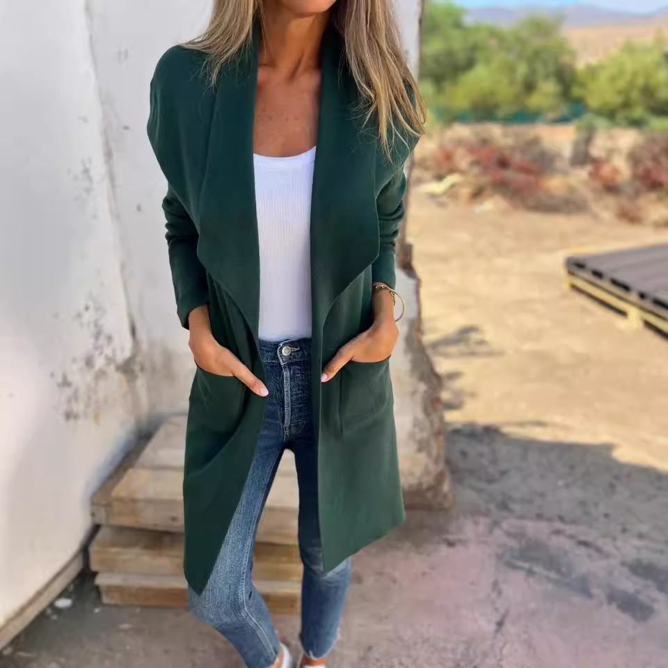 Women's Lapel Collar Mid-Length Knit Cardigan Lightweight Wool Coat