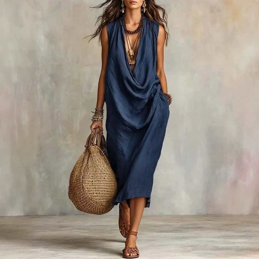 Women's Casual Draped Neck Cotton Linen Dress Loose Sleeveless Vacation Dress
