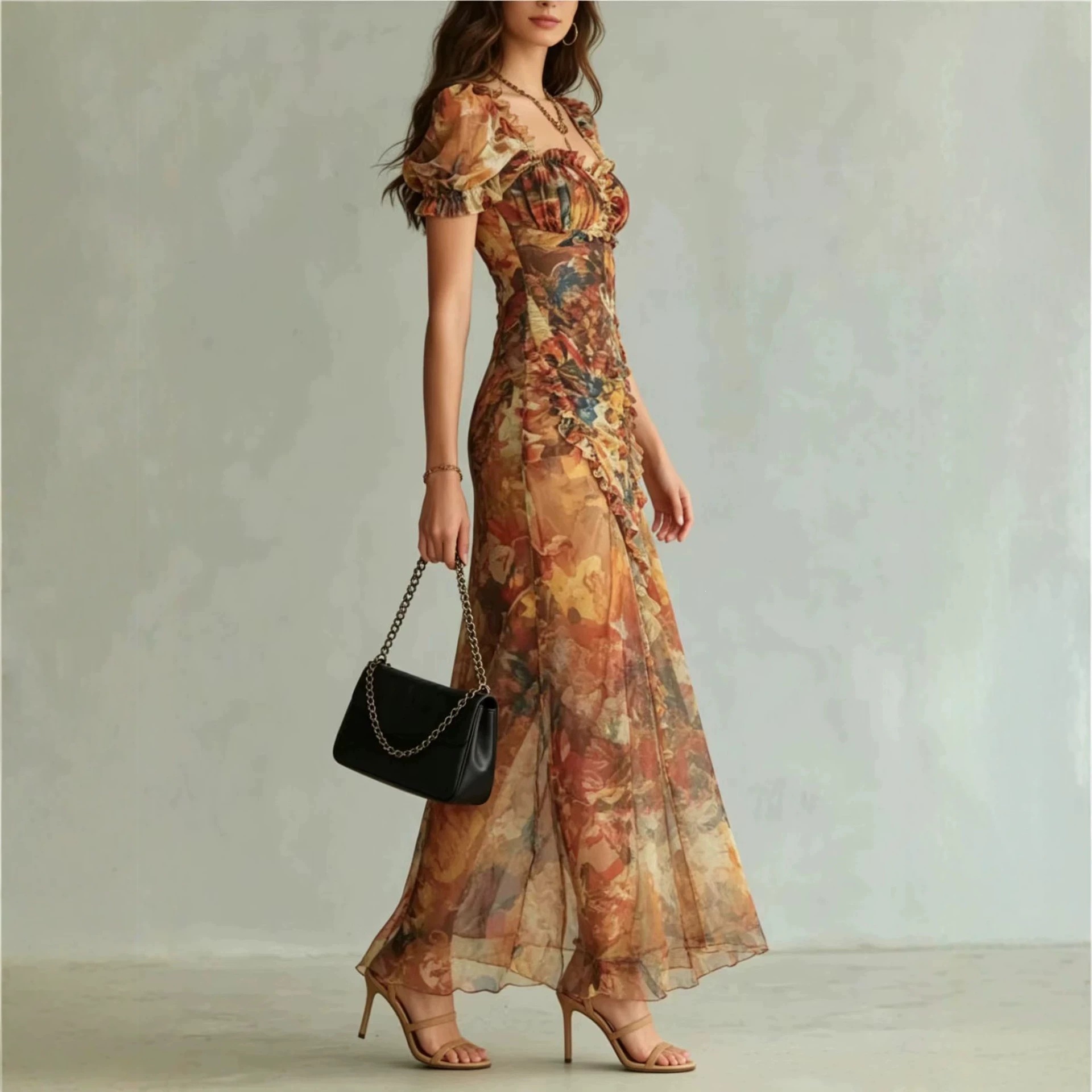 V-Neck Ruched Waist Ruffle Midi Dress