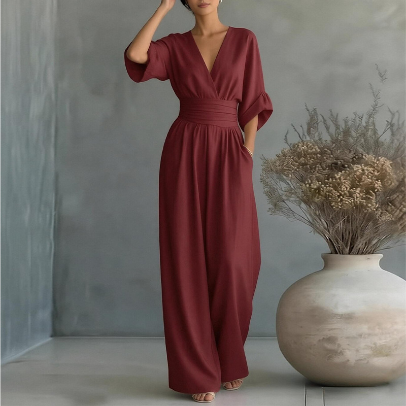 Women's Solid V-Neck Slim Waist Wide-Leg Jumpsuit