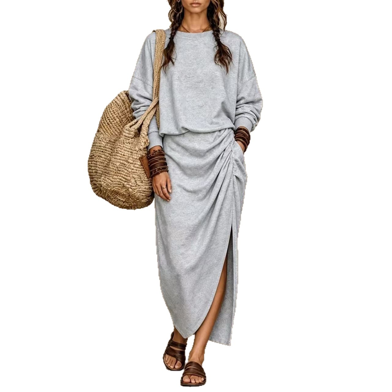 Women's Long Sleeve Crewneck Ruched Slit Knit Loose Casual Dress