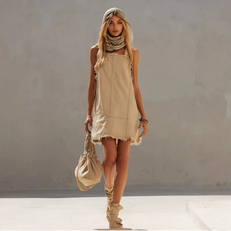 Retro Beige Denim Raw Hem Mini Skirt