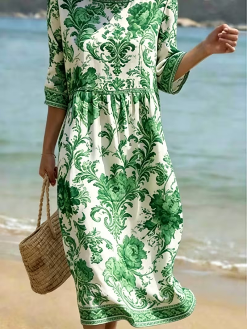 Women's Elegant Floral Print Pleated Midi Dress