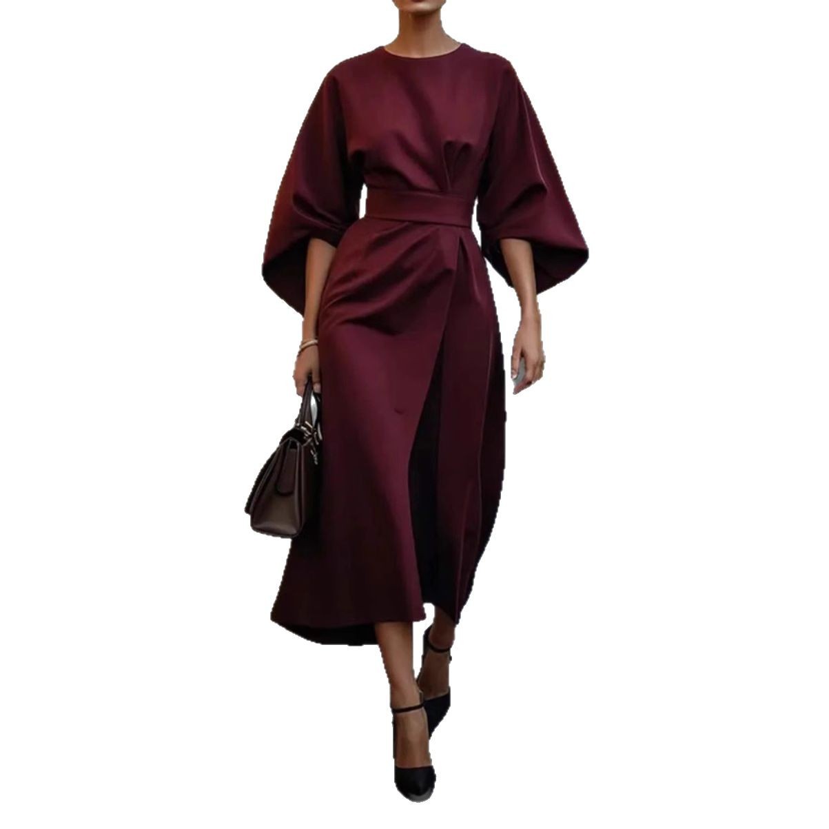 Elegant Solid Color Waist-Cinched Batwing Sleeve Long Dress