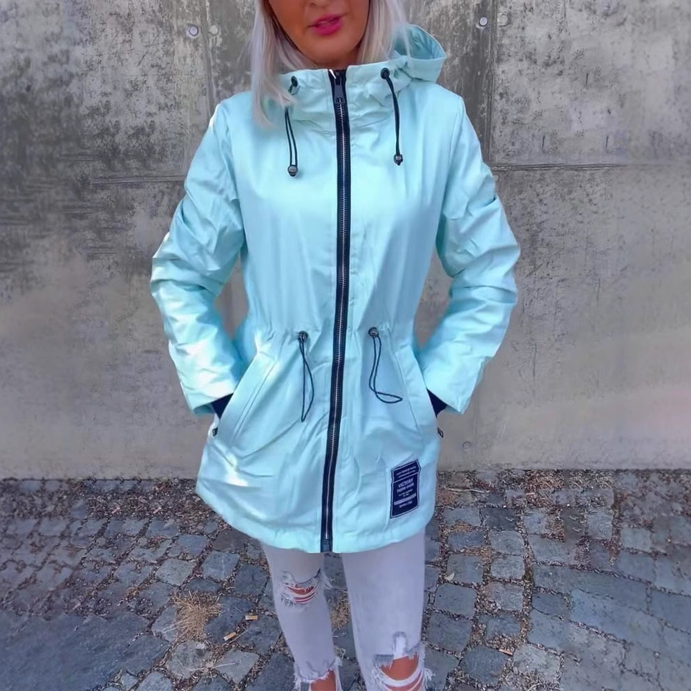 Women's Solid Color Hooded Zip Drawstring Waist Jacket