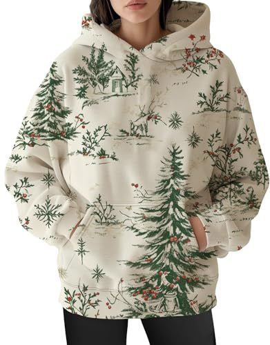 Women's Christmas Print Hoodie with Lantern Leaf Motif