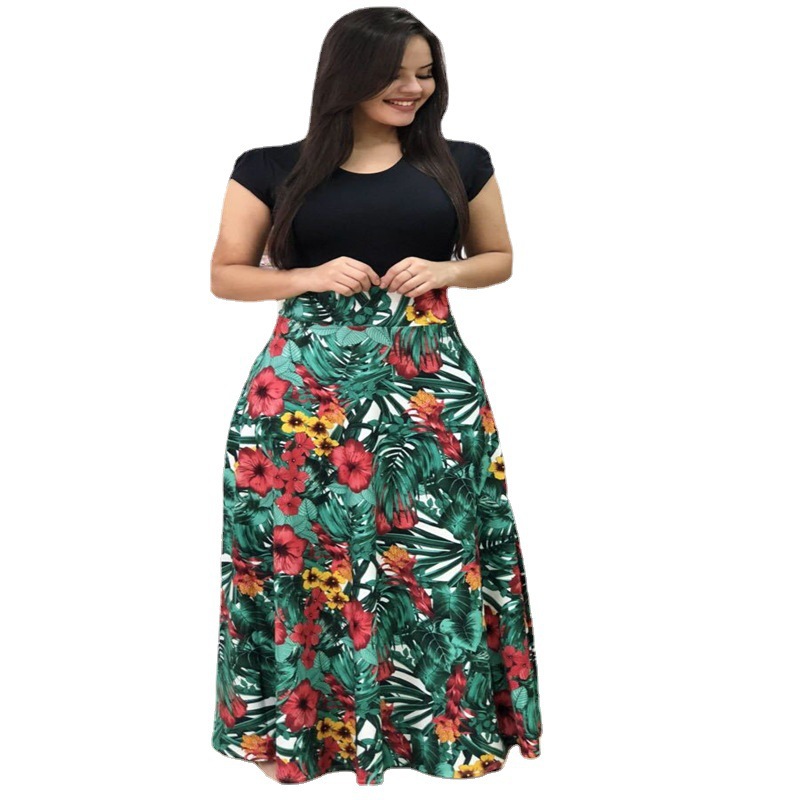 Floral Print Color-Block Short-Sleeve Plus-Size Dress