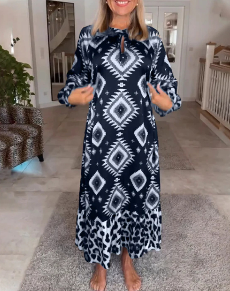Women's Printed Long Sleeve Maxi Dress with Button Neck