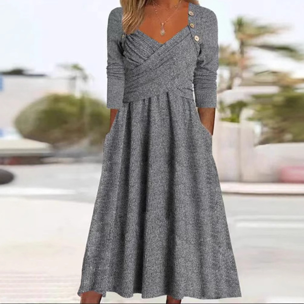 V-Neck Solid Color Long Sleeve Casual Dress