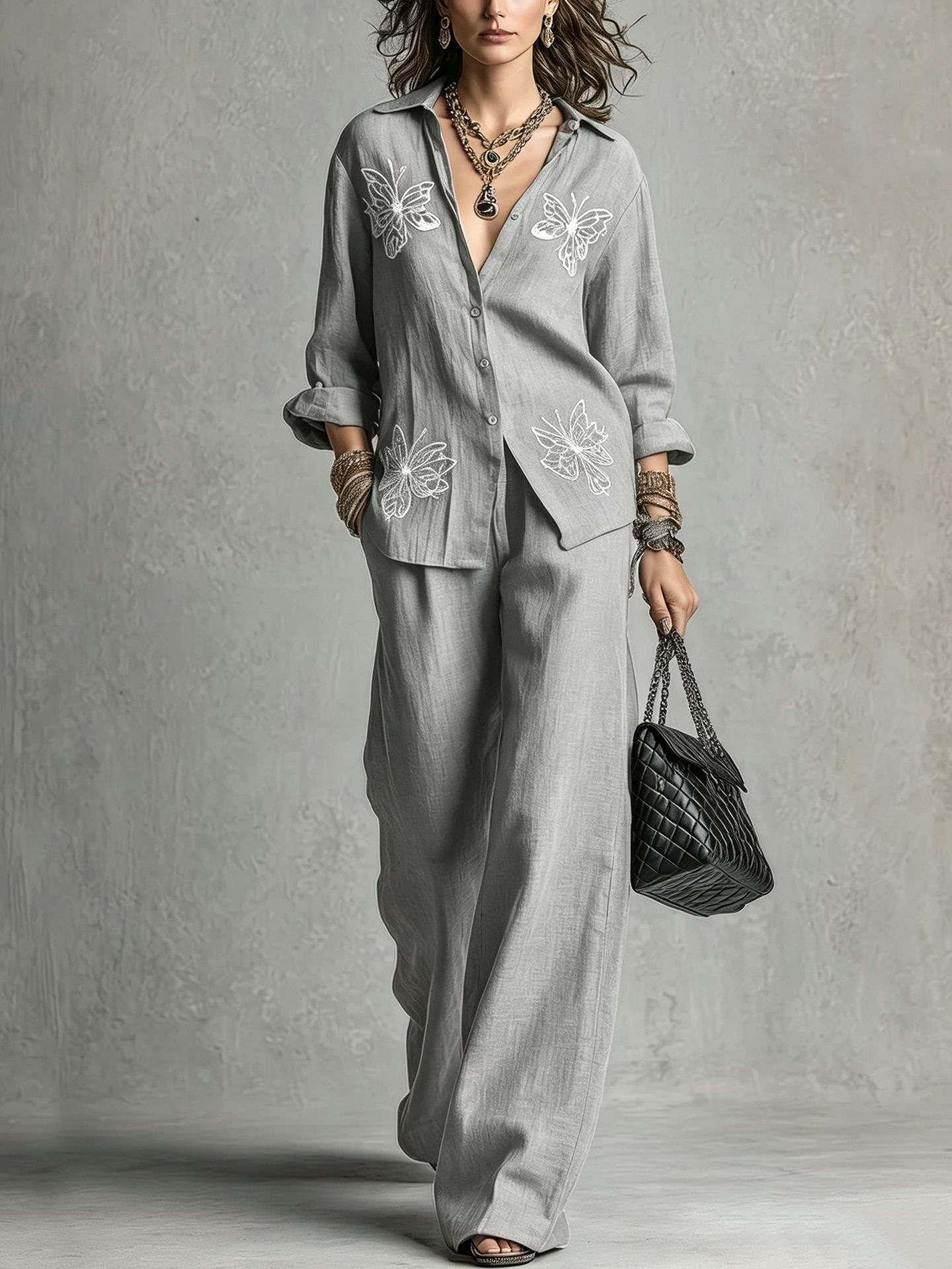 Women's Butterfly Embroidered Shirt & Wide-Leg Pants Two-Piece Set