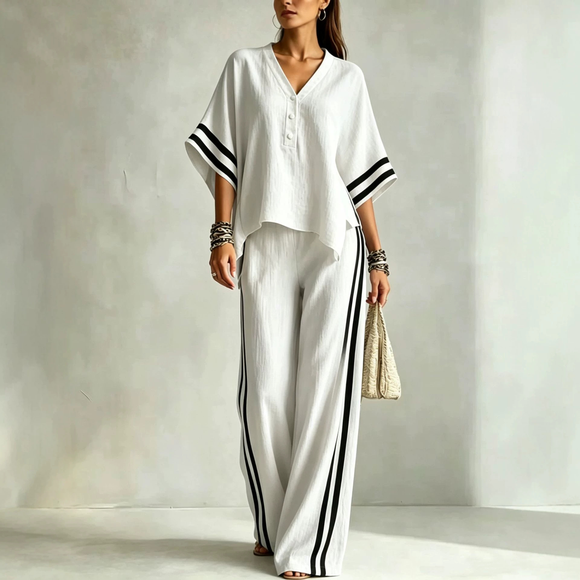 Women's V-Neck Short-Sleeve Top & Loose Pants Two-Piece Set