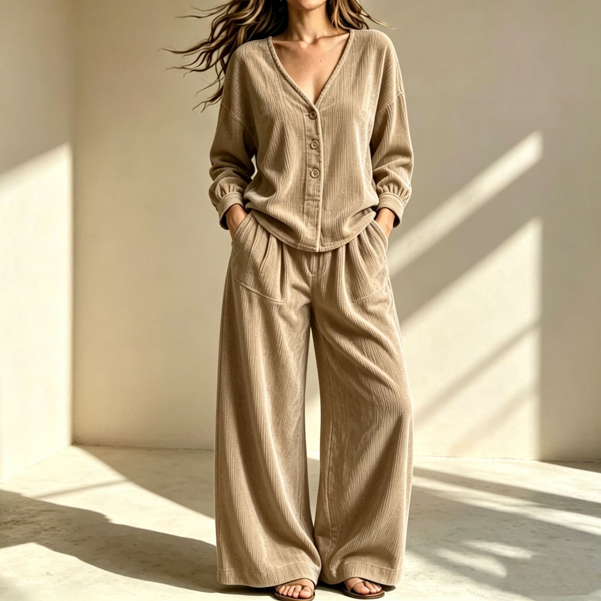 Corduroy V-Neck Button Top & Wide-Leg Pants Two-Piece Set