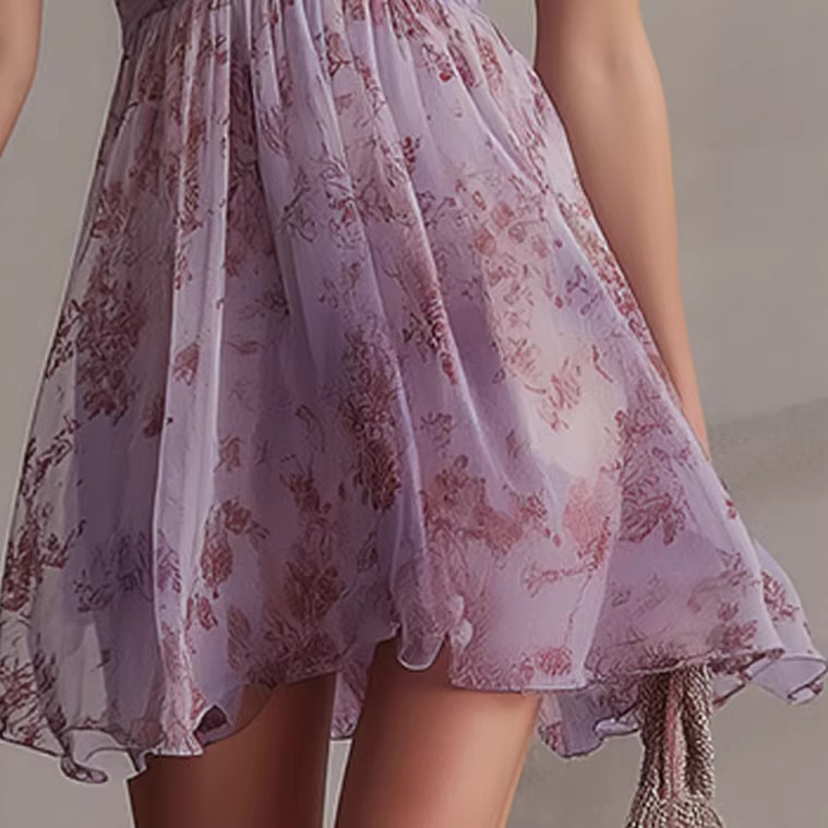 Purple Floral Print Ruffle Sleeveless Chiffon Mini Dress