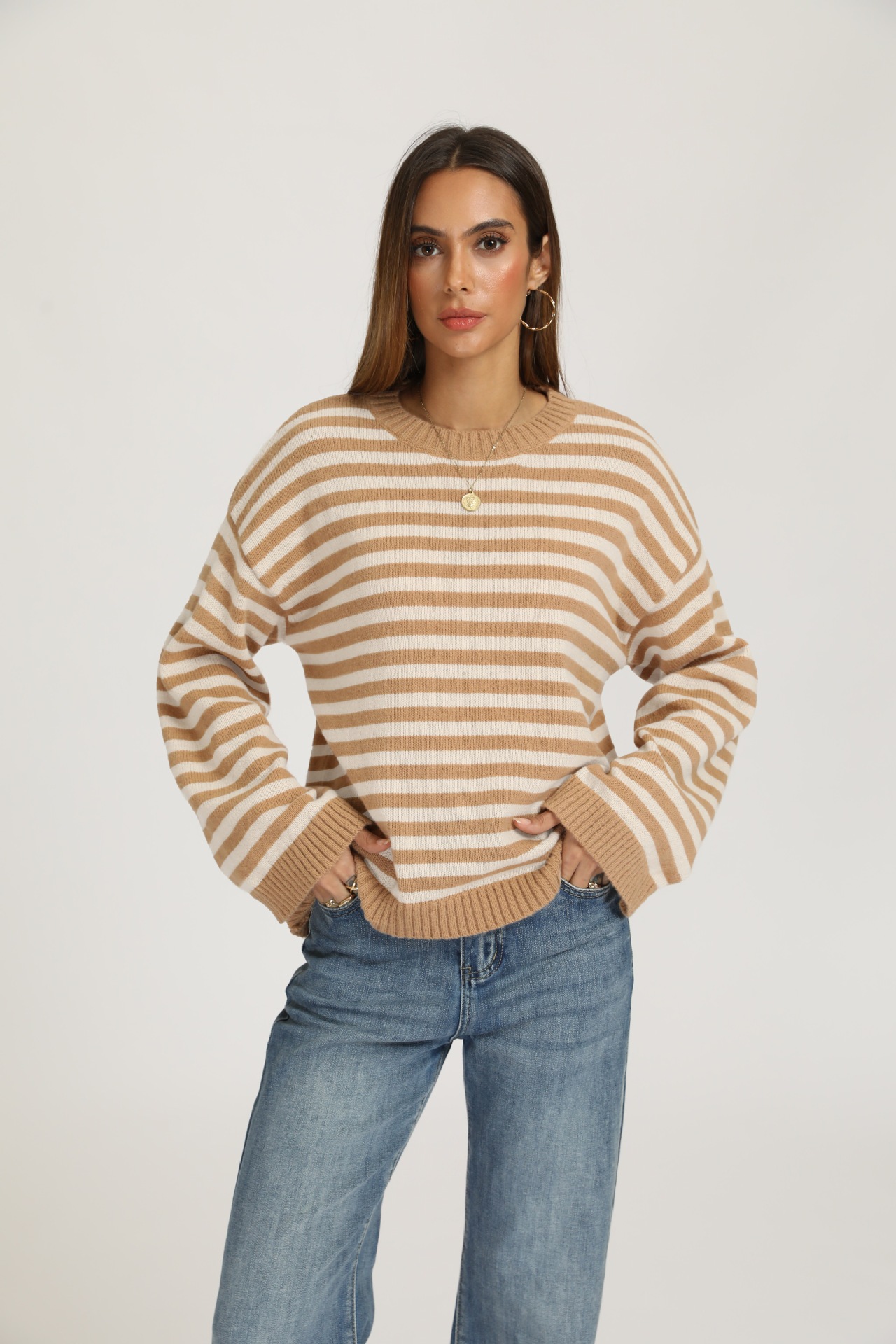 Striped Crewneck Pullover Sweater Loose Knit Top