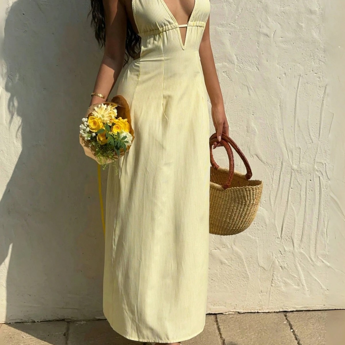 Striped Halter Open-Back Maxi Dress