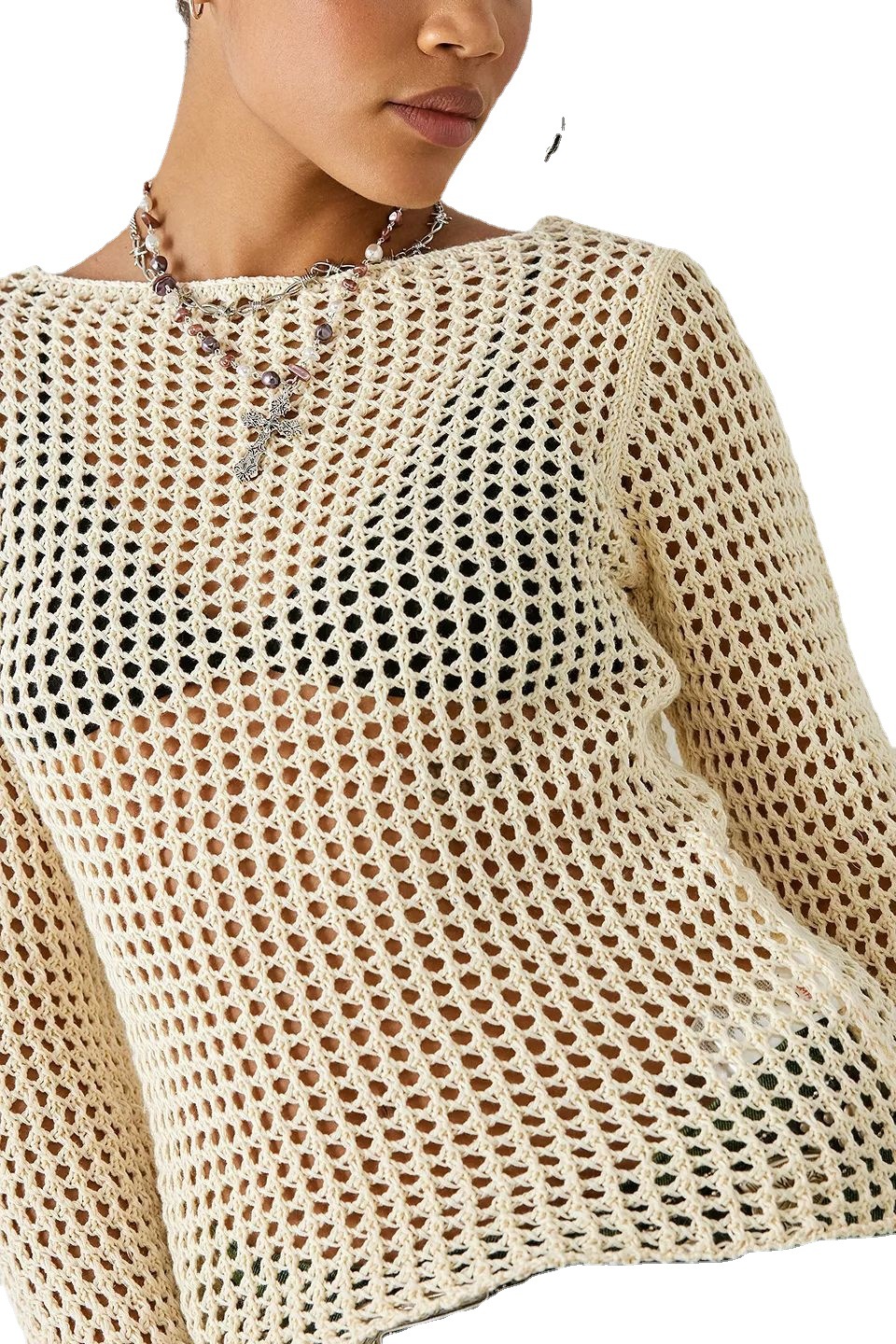 Women's Summer Crewneck Long Sleeve Hollow Out Knit Top Loose Casual Sun Protection Shirt