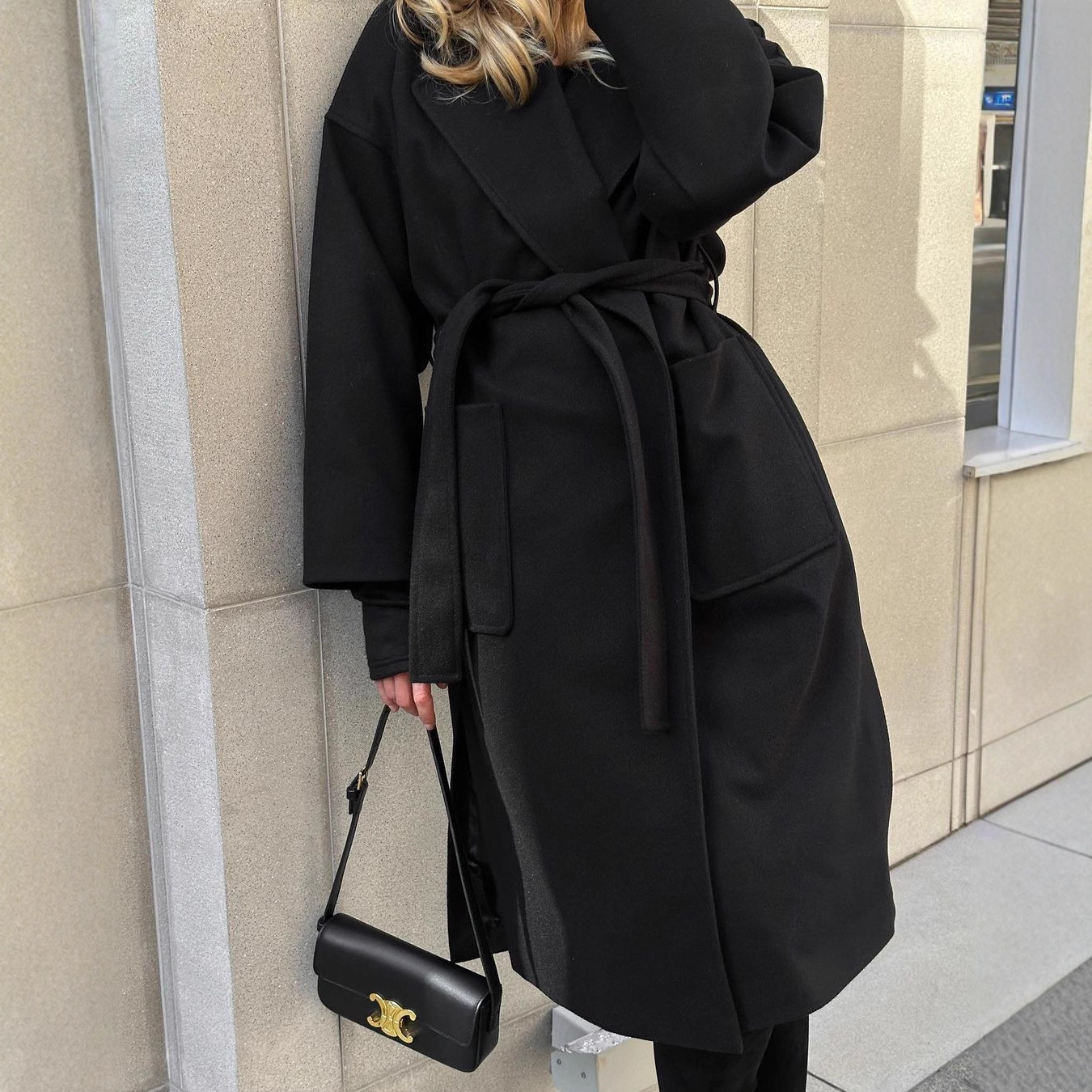 Women's Wool-Blend Trench Coat V-Neck Belted Long Elegant
