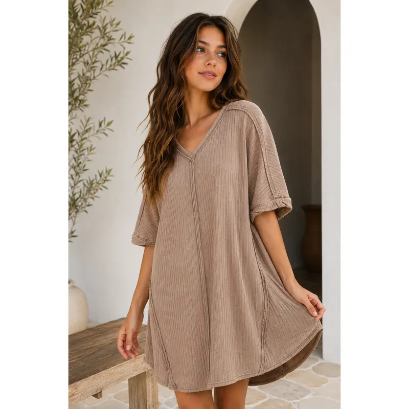 Ribbed V-Neck Loose Short Sleeve Casual Dress