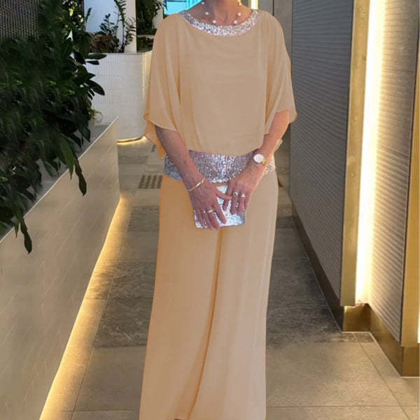 Women's Sequin Colorblock Batwing Top & Wide-Leg Pants Set