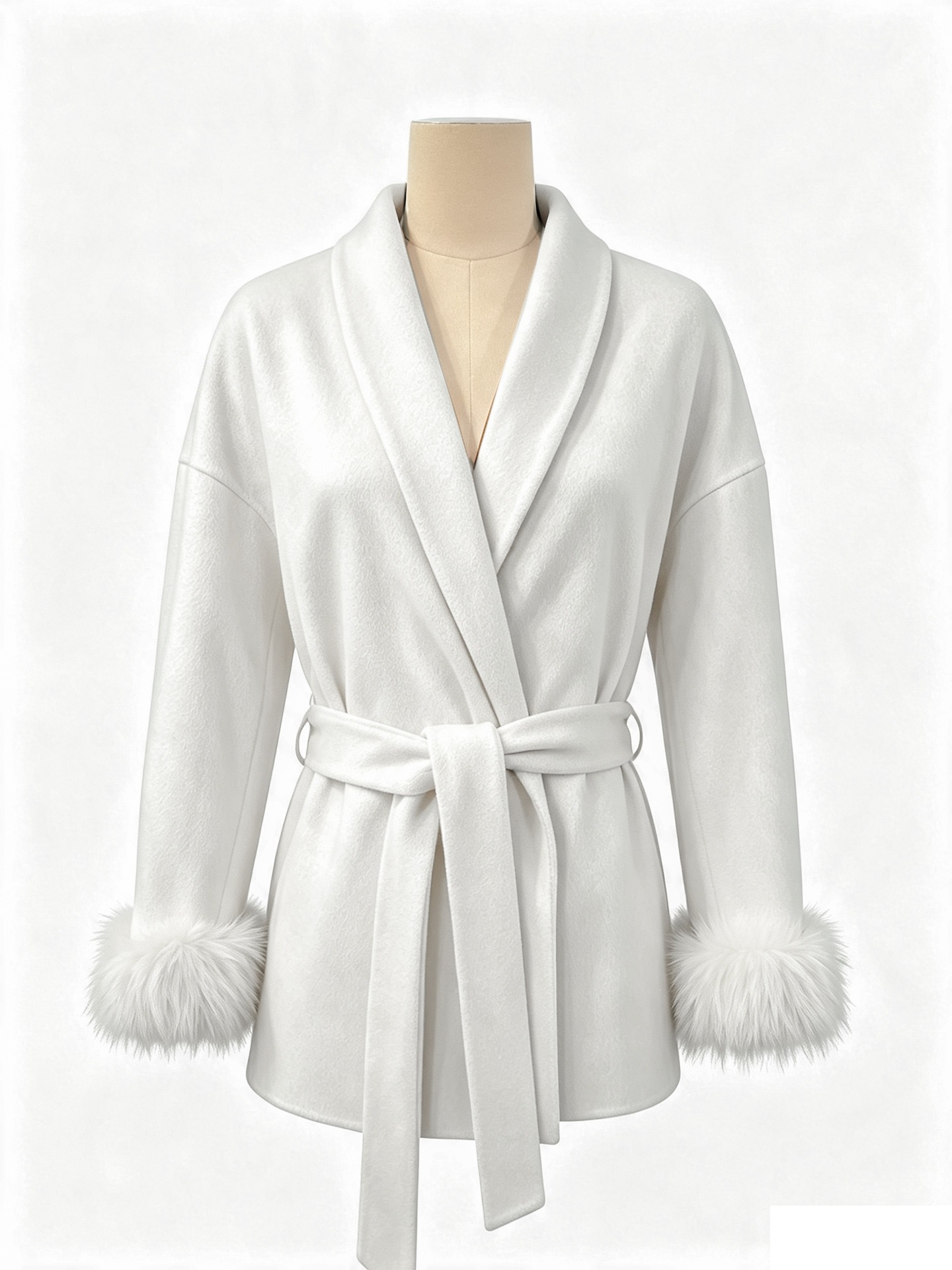 Women's Short Double-Faced Wool Coat with Fur Cuffs and Belt