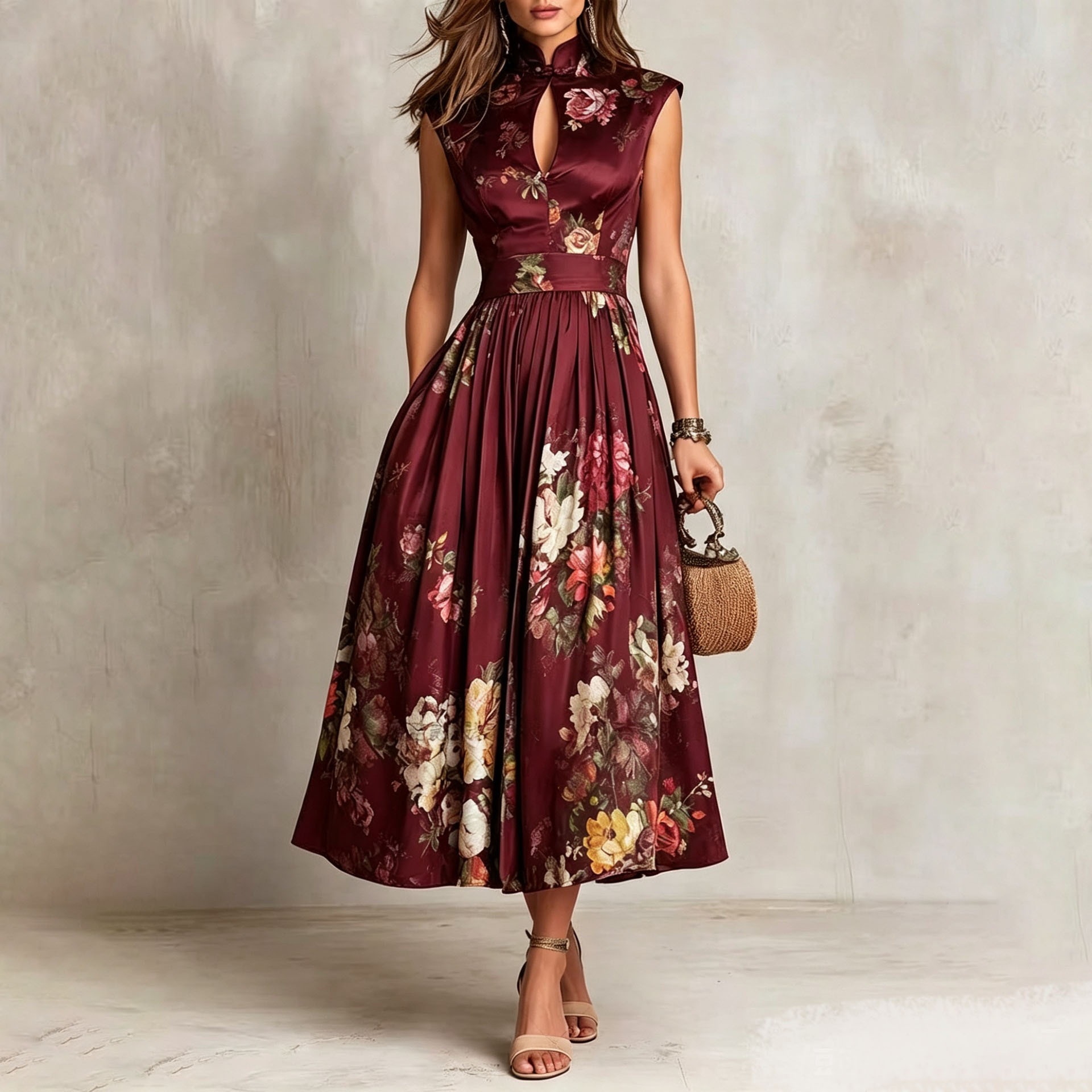 Elegant Printed Qipao-Collar A-Line Maxi Dress