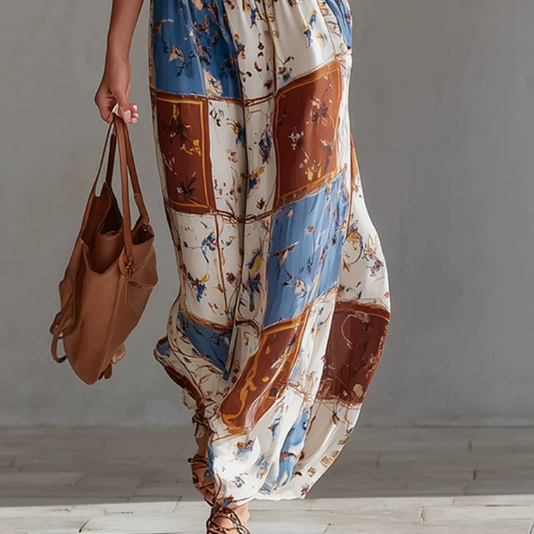 Retro Colorblock Floral Print Sleeveless Chiffon Maxi Dress