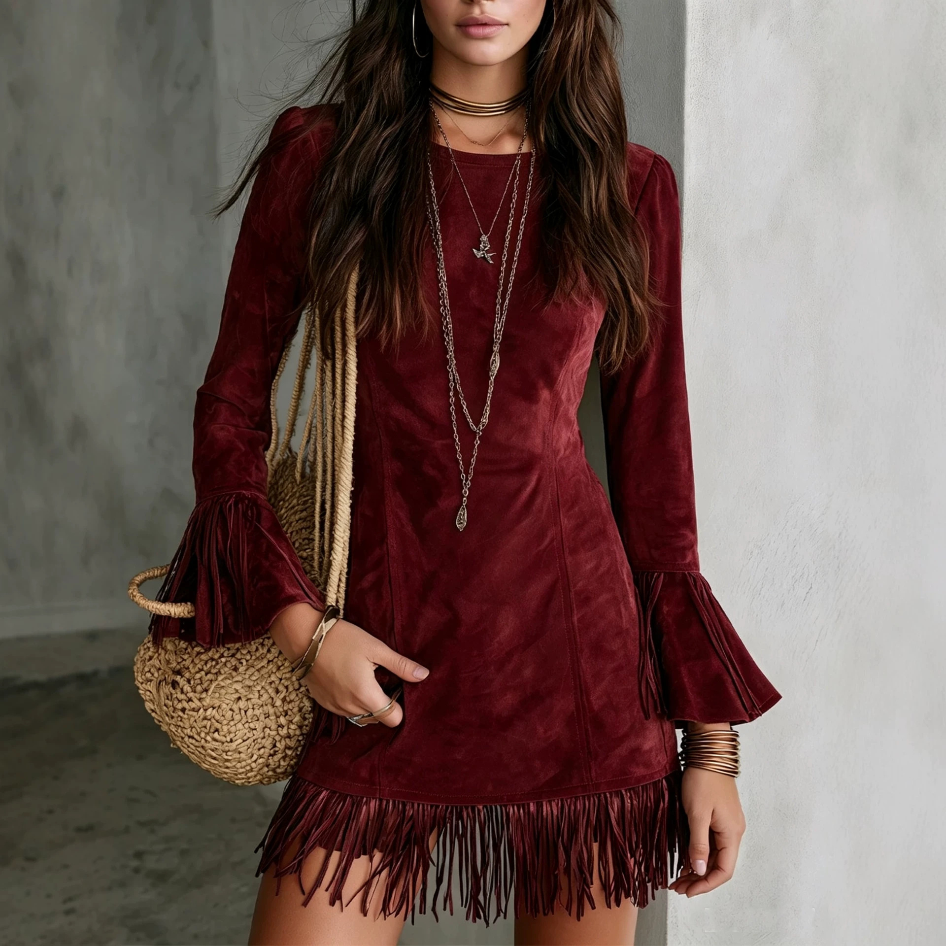 Faux Suede Fringe Slim Fit Long Sleeve Dress
