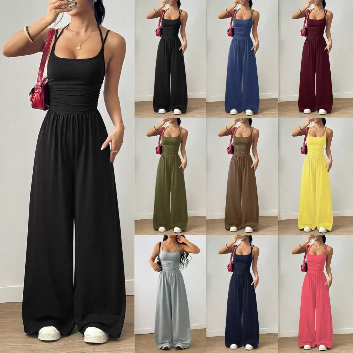 Women's Sleeveless Strapless Wide-Leg Jumpsuit Solid Color