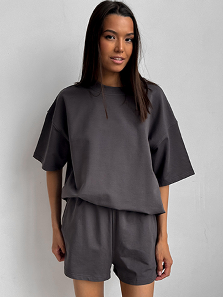 Women's Casual Two-Piece Shorts Set with Short Sleeve Round Neck Top and Solid Color Shorts