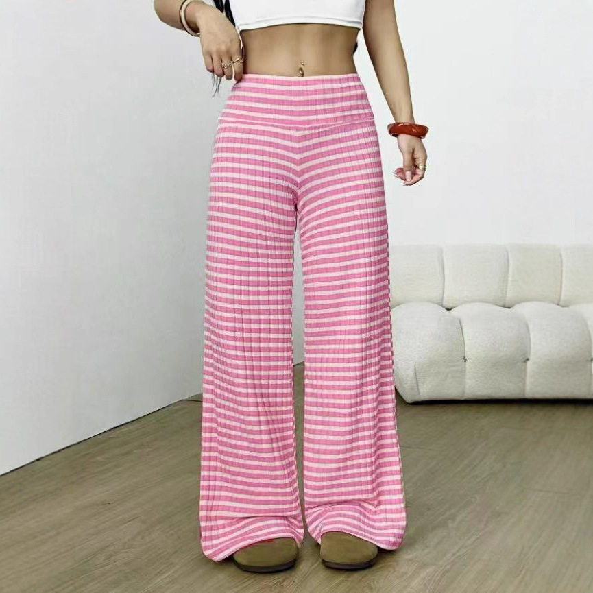 Women's Striped Solid Knit Straight-Leg Pants Casual Loose Fit