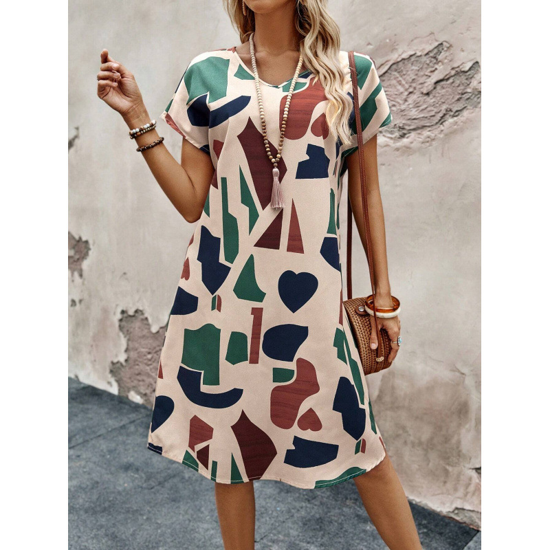 Women's V-Neck Geometric Print Short Sleeve Dress